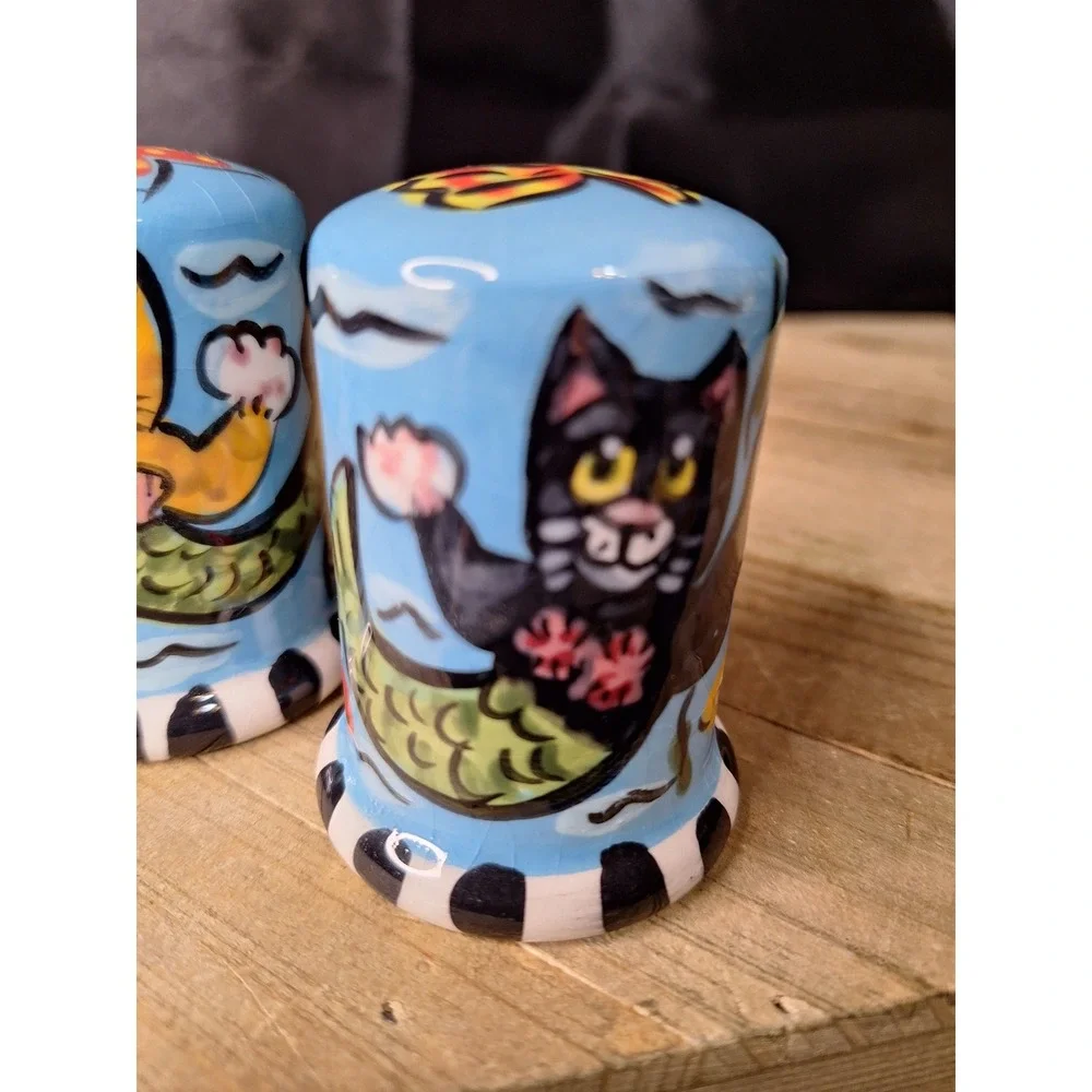 Hand Painted Ceramic Purrmaid Cat Mermaid Salt and Pepper Shakers Under the Sea